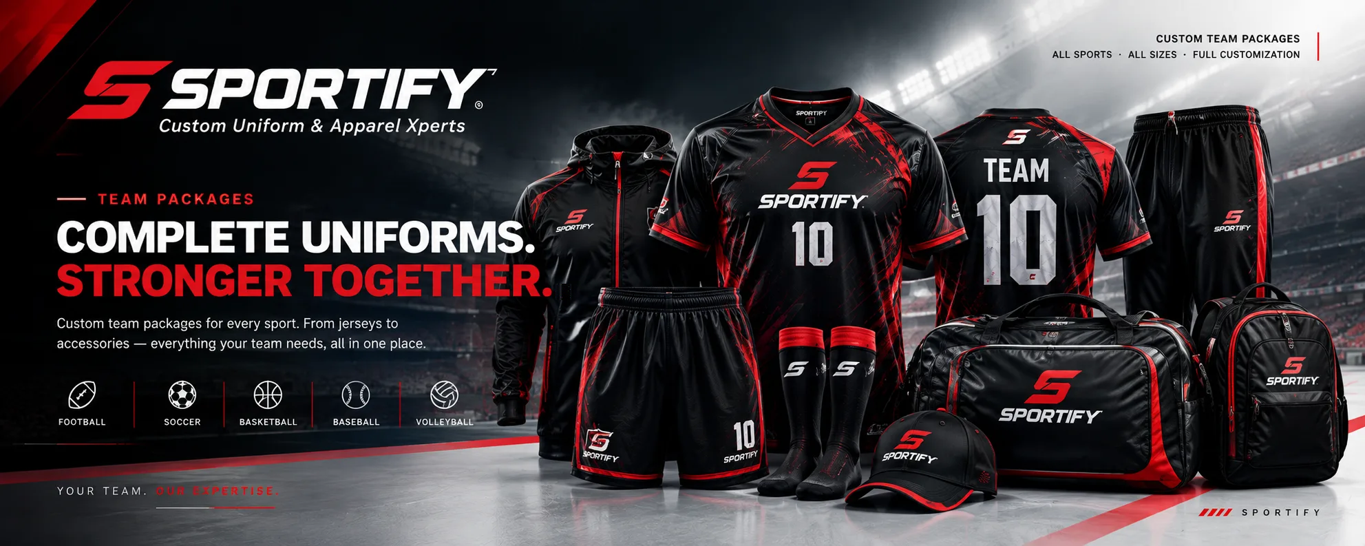 SPORTIFY team packages — complete custom uniform kits laid out with gear